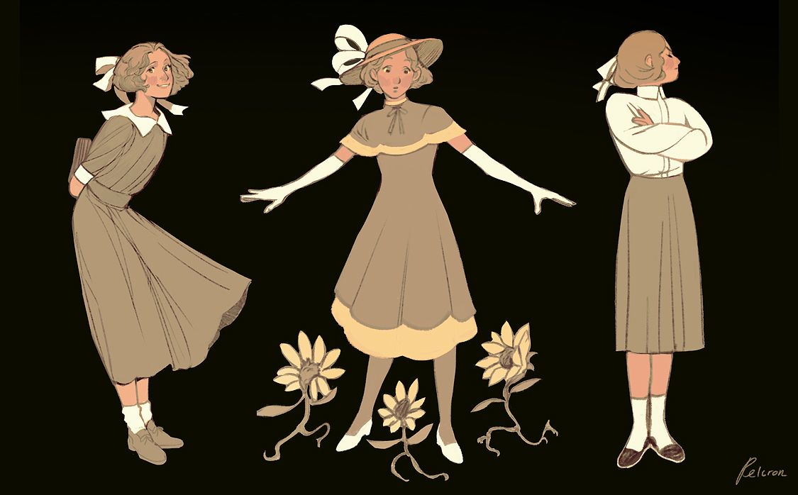 Three girls standing in different poses. "Field of Sunflowers". Yvette's graphic novel image