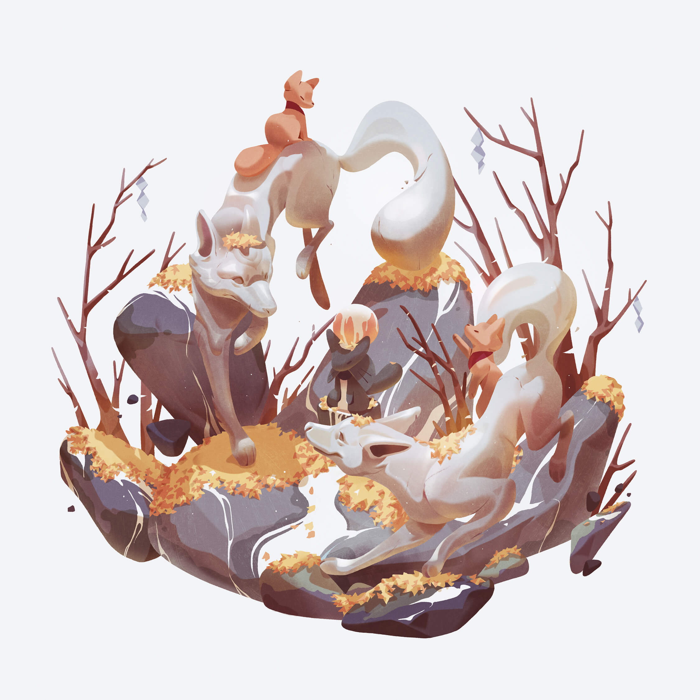 Digital illustration of Joyce Liu. White foxes in the forest.